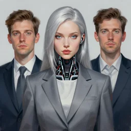 a portrait of a scientist android girl with silver hair wearing grey suit by artgerm and wlop and krenz cushart, painterly