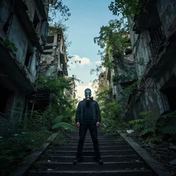 A high quality color photo of a mysterious man with a gas mask standing in the middle of a staircase alley looking in the direction of the camera :: outside, blue sky visible :: ruined city with vegetation and trees growing everywhere on the destroyed buildings :: forest :: apocalyptic, gloomy, desolate :: long shot, low angle, dramatic backlight, symmetrical, afternoon :: cinematic shot, highly detailed
