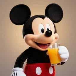 portrait of mickey mouse as a muppet in sesame street drinking a glass of orange juice, dlsr photo, studio lighting, sigma lens, rim light, fur