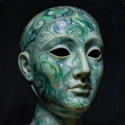 a close - up portrait of a liquid porcelain marble model with a magical mask. night time. deep green blue tones. renaissance masterpiece. highly detailed sci - fi fantasy painting by norman rockwell, frank frazetta, johfra bosschart, and syd mead. rich colors, high contrast, dark background. artstation