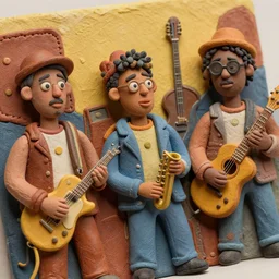 a little funk band, retro - vintage, neo soul, mixed media with claymorphism, leather carvings, gouache paint, close up, album art, matte color palette, designed by artstationhq, retro, 3 - dimensional, gouache 3 d shading, tilt shift, low fi,