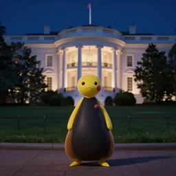 nighttime shot of secret agent mew from pokemon wearing double ballgown standing in front of white house looking at camera high resolution pixar