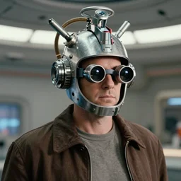 levar burton as geordi la forge on the starship enterprise wearing metal curvy googie robot visor and hardware parts on his head, mid - century modern design, single image, photograph