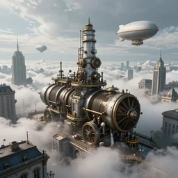 steampunk city view from the sky, clouds, moody, cold, steampunk, realistic, high detail, 8 k photo, detail, clean, cinematic, fantasy, technology, engines, steam, steam machine, zeppelin,
