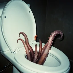 grainy film photo of fat, slimy tentacles coming out of a toilet, very dark, creepy, scary, old film