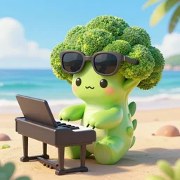 a cute and friendly broccoli - creature with sunglasses on his broccoli head playing piano on a beautiful beach, fantasy style, 4 k, octan render, ultrarealistic
