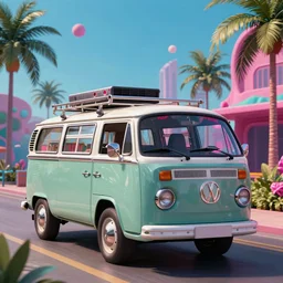 VW Microbus driving, Synthwave, hotline Miami, aesthetic, high resolution, aesthetic, psychedelic