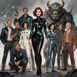 5 0 s pulp scifi fantasy illustration full body portrait elegant woman wearing latex spacesuit standing beside monster, by norman rockwell, edd cartier, roberto ferri, jack kirby, earle bergey, ruan jia, jason fabok, tom lovell, frank r paul, dean cornwell, astounding stories, amazing, fantasy, other worlds