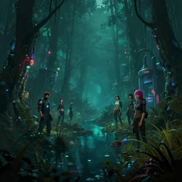 photo environement cyberpunk swamp : 4, 4 k rtx hdr volume light concept studio matte painting environement digital illustration style cyberpunk 2 0 7 7 artstation artur tarnowski, mihai muscan, marcin tomalak, marta leydy, marcin stepien, charlotte hughes, zuzanna dabrowa neon bioluminiscence
