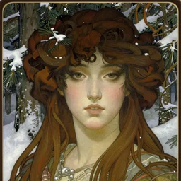 realistic detailed face portrait of Yuki-Onna among snowy pine trees by Alphonse Mucha, Ayami Kojima, Amano, Charlie Bowater, Karol Bak, Greg Hildebrandt, Jean Delville, and Mark Brooks, Art Nouveau, Neo-Gothic, gothic, rich deep moody colors