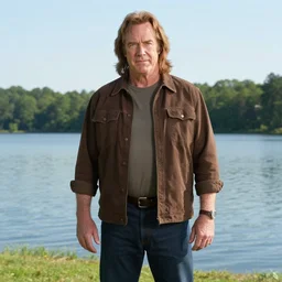 Realistic image: Ron Burgundy standing near a lake
