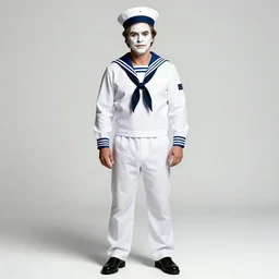 matt damon with white mime makeup on white face in white sailor costume, sailor cap, fullbody, by nicoletta ceccoli, mark ryden, lostfish, max fleischer, hyper realistic, artstation, digital art, matte paint, vivid colors, bright, detailed