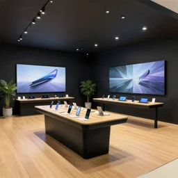 inktober traditional marker sketch, artistic, masterful, atmospheric stylized lighting, digital painting!!!!!!!!!! ( ( ( ( ( serious grounded balanced muted flagship samsung store, black walls. timber floor. low ceilings with spots. curved furniture, with large digital screen. display tables with phones and tablets, pots with plants, large digital screens on the walls ) ) ) ) )