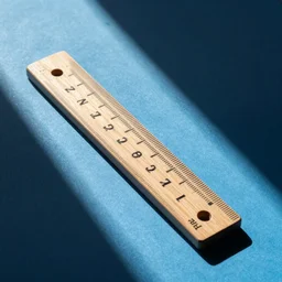 una regla de madera graduada en centimetros y en pulgadas sobre una mesa azul