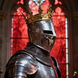 detailed side - view portrait of a knight, kaldor helmet, skull - shaped visor without mandible, royal crown with big spikes, plate armor, gothic stained glass window, shiny red background, very masterful, backlit
