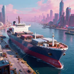 photo of Immense industrial futuristic cargo ship arrives at cyber punk city sea port, cinematic lighting, vibrant colour scheme photo