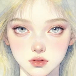 close up of a bautiful girl with big silver eyes, watercolor by gottfried helnwein, by hammershøi, art noveau, highly detailed, lights by edward hopper, liminal, eerie, bright pastel colors