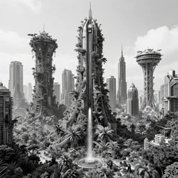futuristic city, scifi, futurism, vegetation, technological singularity, amazing masterpiece, black and white, wonders of the mind, sustainability, scientific victory, artificial intelligence, art by wenjun lin and artem chebokha and alena aenami and ian llanas