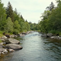 a beautiful landscape, river, rocks, trees, by greg rutkowsi, glitch