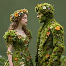 a woman and a man made of moss and flowers, beautiful high quality realistic fantasy art, trending on artstation by artgerm and greg rutkowski and alphonse mucha