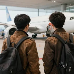 two people with holstein pattern fur skin at the airport near airplane trending flickr technoir detailed portrait