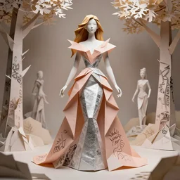 sculpture of a beautiful young female super model resembling sophia vergara made out of origami paper and ceramic wearing a peach tissue paper and silver geometric gown by marc jacobs, paper graffiti, trees made out of origami, ethereal, fantasy, lawrence alma tadema, james jean, oozium, peter morbacher, angelarium, alchemy, luxury, heavenly light, soft illumination, cinematic lighting, very detailed, 3 d octane render, artgerm, trending on artstation, cgi society