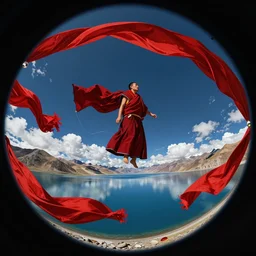a fisheye lens shot on fullframe camera of tibetan monk flying over himalaya mountains lake in weightlessness in traditional red cloth. a lot of flying red fabric around, sky and cloth fabric reflected in blue lake water. dark background. illustration by craig mullins, yoji shinkawa, trending on artstation, peter mohrbacher, hyper detailed, intricate, elite, ornate,