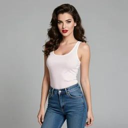 a beautiful bombshell brunette pinup model wearing jeans and tanktop in 5 0 s style poster by coby whitmore, nikolay makovsky, and charlie bowater