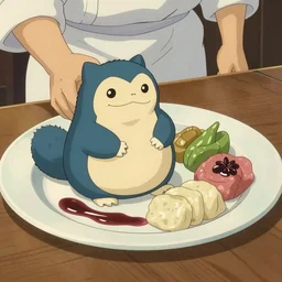 a shot of a beautiful delicious plate of food, a hand crafted chef artisan meal made of snorlax, amazing food illustration, chef table, in style of studio ghibli, miyazaki, anime