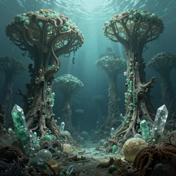 a beautiful highly detailed matte painting of an underwater alien planet with giant dead and intricate trees with crystals made of jade in a desolate forest by Jose Daniel Cabrera Pena and Leonid Kozienko, Noah Bradley concept art