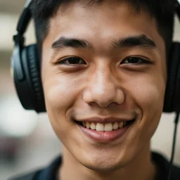 3 5 mm photo, bokeh, canon, closeup of face, smiling, wearing headphones