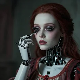 female robot with false eyelashes is applying make - up. folk horror