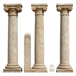 full color page scan reference sheet of various stone pillars on white background, matte painting