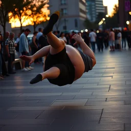 obese man falls over at sunset