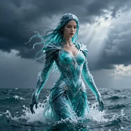ninja made of water, female made of storm clouds, rising up from ocean, water armor, high detail, high contrast, close up portrait, studio lighting, stormy seas, beautiful, bokeh, snowy, storm clouds, god rays, d & d, fantasy, elegant, aquamarine color palette, concept art, annie leibovitz, roger deakins and greg rutkowski and alphonse