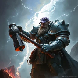 a storm giant man with mechanical armor, wielding mechanical hammer, blacksmith, wearing purple cap, izzet guild, d & d, fantasy, intricate, cinematic lighting, highly detailed, digital painting, artstation, concept art, smooth, sharp focus, illustration, art by artgerm and greg rutkowski and alphonse mucha