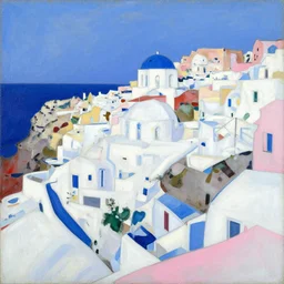 abstract landscape painting of seaside town santorini, white, blue, pink, by david bomberg, borgeaud, marius borgeaud, sonia delaunay, albert marquet, richard diebenkorn, etel adnan