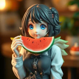 the most beautiful anime figurine of a beautiful watermelon diner, casual elegant clothes, blue moe eyes, angelic detail