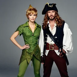 fashion editorial Photoshoot of Madelaine Petsch dressed as Peter Pan and Will Ferrel as Captain Hook shot in the Style of Annie Leibovitz, studio lighting