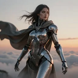 ancient portrait of a diabolical beautiful female cyborg girl, cloak cape on the wind, adaptive armor, dynamic pose, heavy eyes to the side, by navanh chanthara, glowing veins and cracks, in clouds, sunset, portrait, by gerald brom, by mikhail vrubel, by peter elson, muted colors, extreme detail, reflections, trending on artstation, 8 k