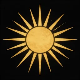 minimalist stylisation of a midnight sun, black background, golden rays, symmetry