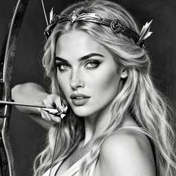 portrait of beautiful megan fox as greek goddess aphrodite as an archer, arrow crown, beautiful piercing eyes, flowing blonde hair, realistic face, black and white drawing, in the style of greg rutkowski, fantasy, amazing detail, epic, intricate, elegant, smooth, sharp focus
