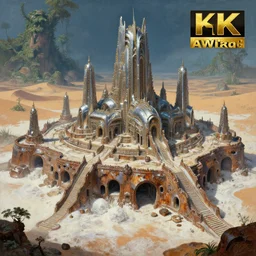 a sprawling temple city rises from the salt dunes, caves of qud, matte oil painting, chrome, cathedral, retrofuturistic, concept art, science fantasy, mutant, rpg, epic, rust, salt, jungle, dungeons & dragons, sharp focus, award - winning, extremely detailed, 4 k, 8 k