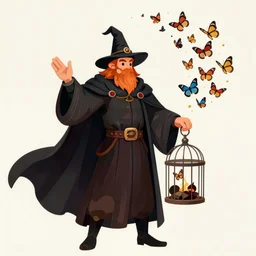 wizard with a cape holding a cage, with a swarm of butterflies fluttering out, detailed digital 2d fantasy art, Rembrandt