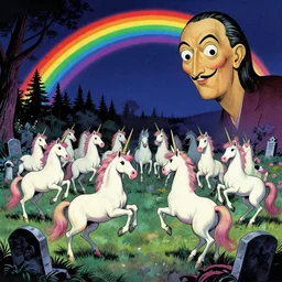 A thousand unicorns dancing on a rave in a graveyard in the woods under a rainbow in the night sky, western style comic by Salvador Dali