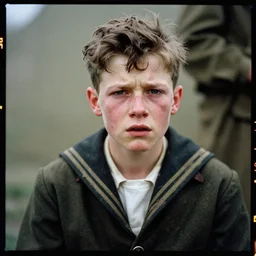 kodak portra 4 0 0, 8 k, highly detailed, britt marling style 3 / 4 photographic close, press award winning colour portrait of a wounded and scared by war sailor boy, up face with 1 9 2 0 s hairstyle, 1 9 2 0 s style, asymmetrical, hasselblad x 1 d - 5 0 c, 1 0 0 mm f 1. 8, soft light