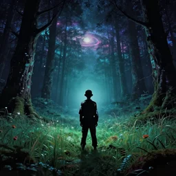 abandoned by banksy, nature galactic synthwave alien meadow dramatic lighting at night forest vaporwave nightvision, archdaily, wallpaper, highly detailed, trending on artstation.