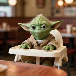 yoda, sitting in a high chair, behind a table, in the restaurant outback, annoyed, disgruntled, plastic cup with a plastic lid, 3 5 mm, f / 2. 8