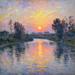 trending on artstation, a beautiful river during sunset, in the style of Claude Monet