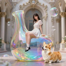 a beautiful girl sitting on an unfinished klein bottle sculptural, chroma iridescence, colors, glassy, reflective and refractive, soap bubbles floating, baroque architecture background, surrealism, corgi